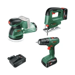 Akkukonesarja Bosch DIY EasyDrill 18V-40 + EasySaw 18V-70 + EasyOrbit 18V-10 2x2,5 Ah akuilla