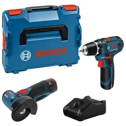Akkukonesarja Bosch Professional GSR 12V-15 + GWS 12V-76 2x2,0 Ah akuilla + L-Boxx