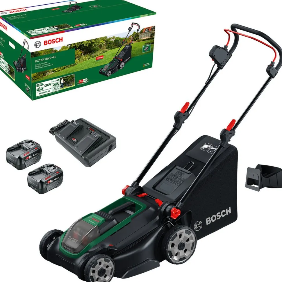 Akkuruohonleikkuri Bosch Rotak 18V2-43 2x18V 2x4,0 Ah akuilla