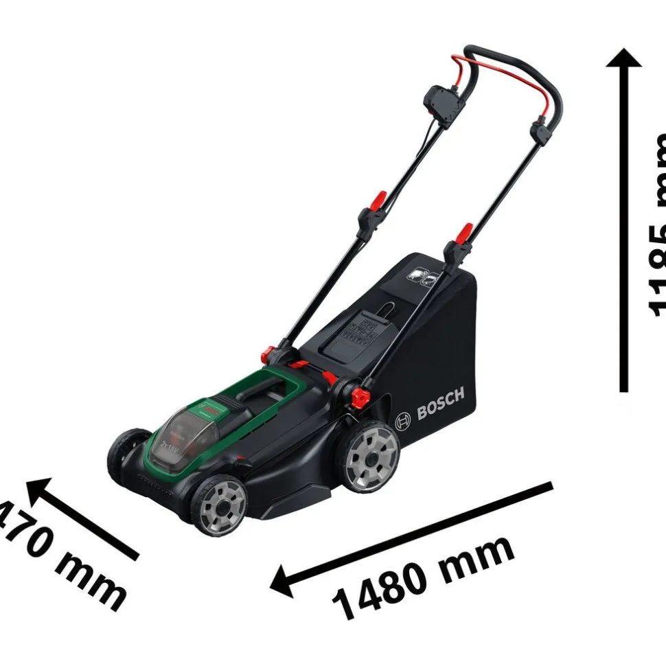 Akkuruohonleikkuri Bosch Rotak 18V2-43 2x18V 2x4,0 Ah akuilla