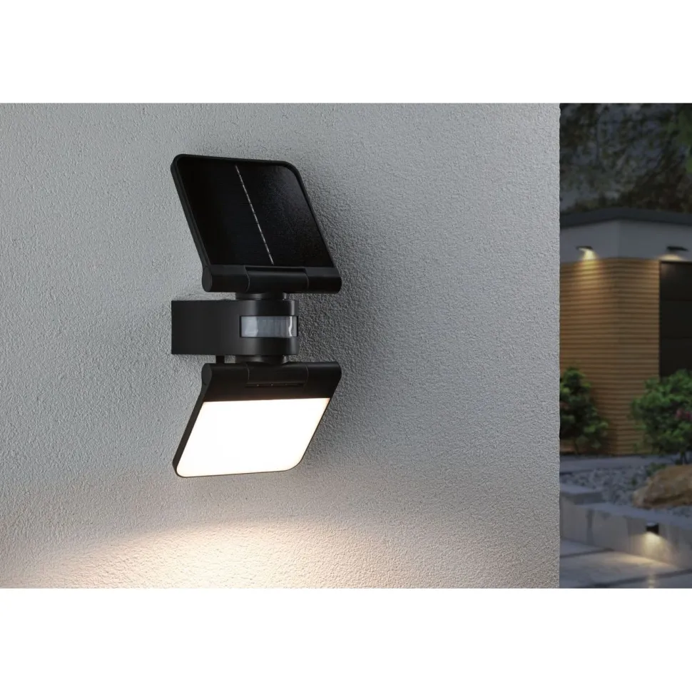 Aurinkokennoseinävalaisin Paulmann Lesla 150x130mm USB-ladattava hämäräohjattu liiketunnistin IR IP65 3000K 12.5W 1000lm antrasiitti
