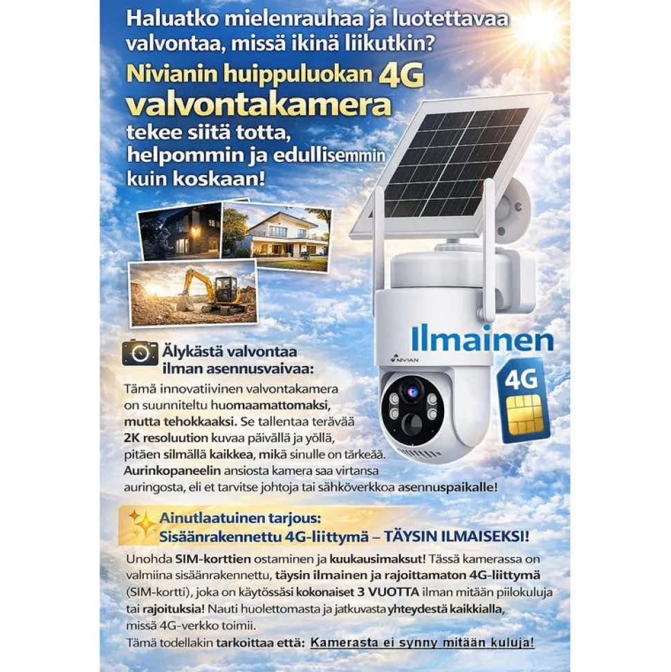 Dome-valvontakamera Celotron Nivian Tuya Smart, akulla ja aurinkokennolla, 4G (LTE) modeemilla + 3 vuoden ilmaisella, rajoittamattomalla internet yhteydellä