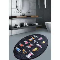 Kylpyhuoneen matto Linento Black Cats Oval 60x90cm musta/monivärinen