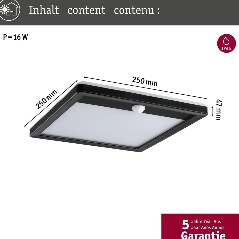 LED-paneeli ulkokäyttöön Paulmann Lamina, IP44, 25x25cm, liiketunnistin, hämärätunnistin, säädettävä värilämpötila, eri värejä