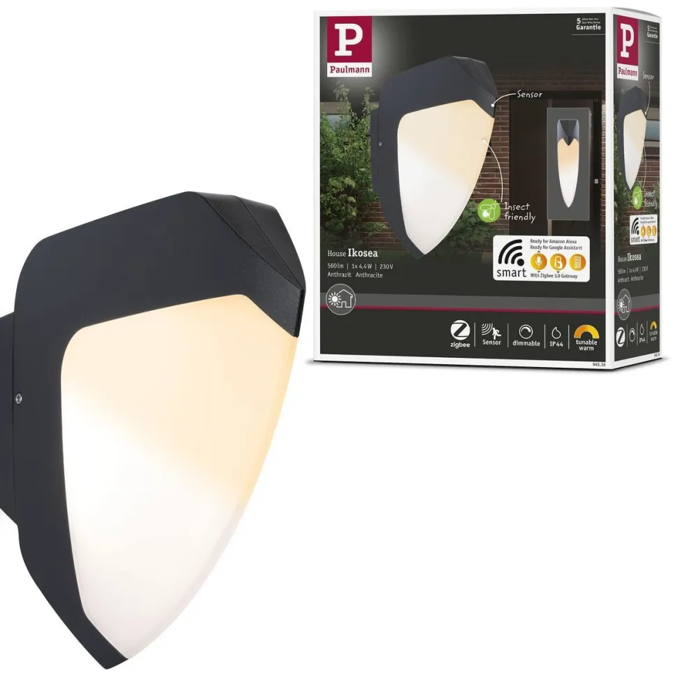LED-ulkoseinävalaisin liike- ja hämärätunnistimella Paulmann Ikosea, Smart Home Zigbee 3.0, IP44, 5x20.3cm, säädettävä värilämpötila, antrasiitti