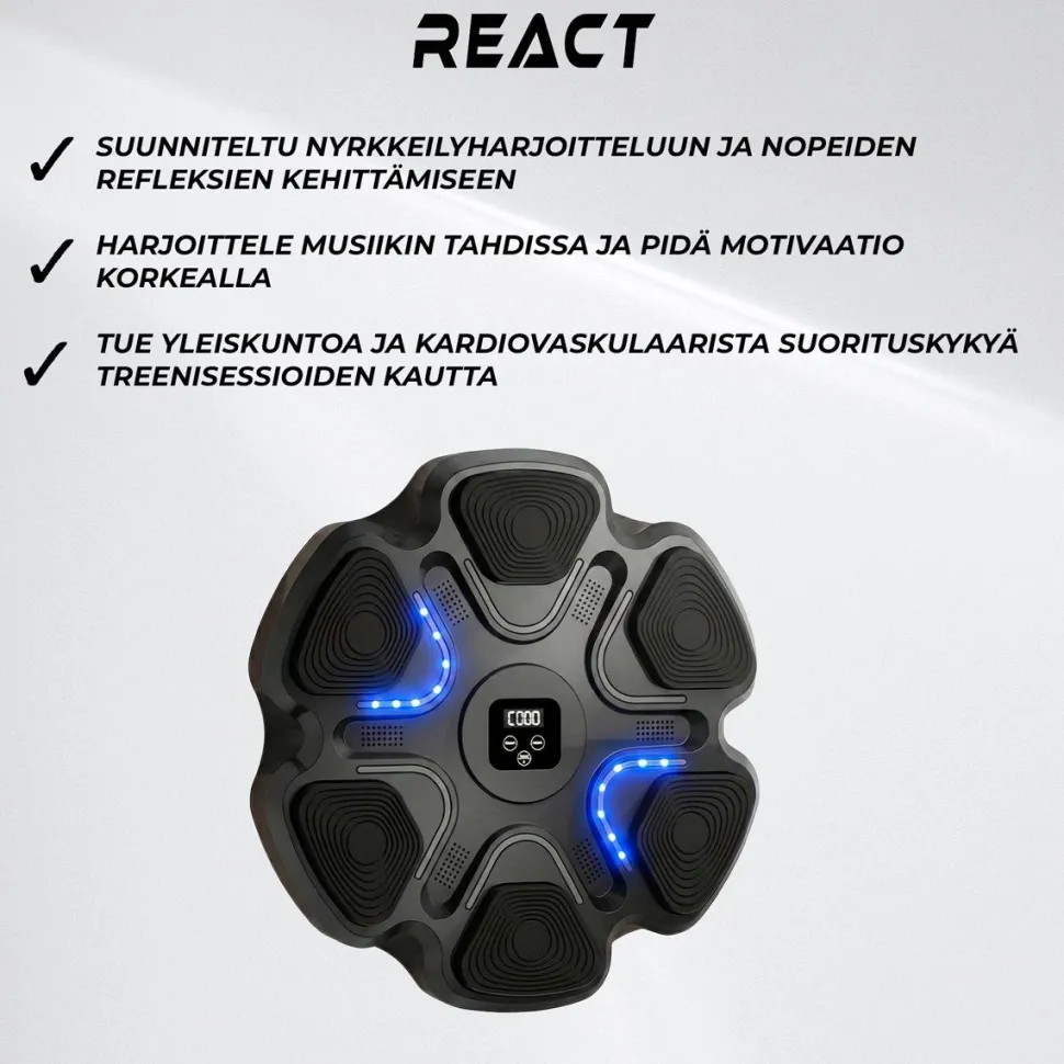 Nyrkkeilykone React Bluetooth Pro, sis. hanskat, latauskaapeli, käyttöohje ja kiinnitysteipit