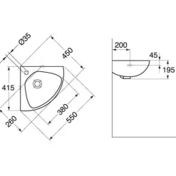 Pesuallas Gustavsberg GBG 7327 98 kulma-asennukseen 195x550x450 mm valkoinen