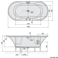 Poreamme Interia Highline Hydro, 1800x850x490mm, 305l, valkoinen