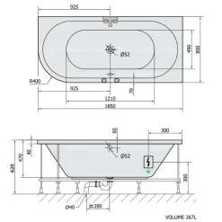 Poreamme Interia Viva Highline Hydro, 1850x800x470mm, oikea, 267l, valkoinen