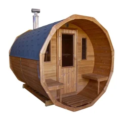 Tynnyrisauna SpaDealers vaakamalli Ø200x260cm lämpöpuu sis. puukiukaan ja savupiipun